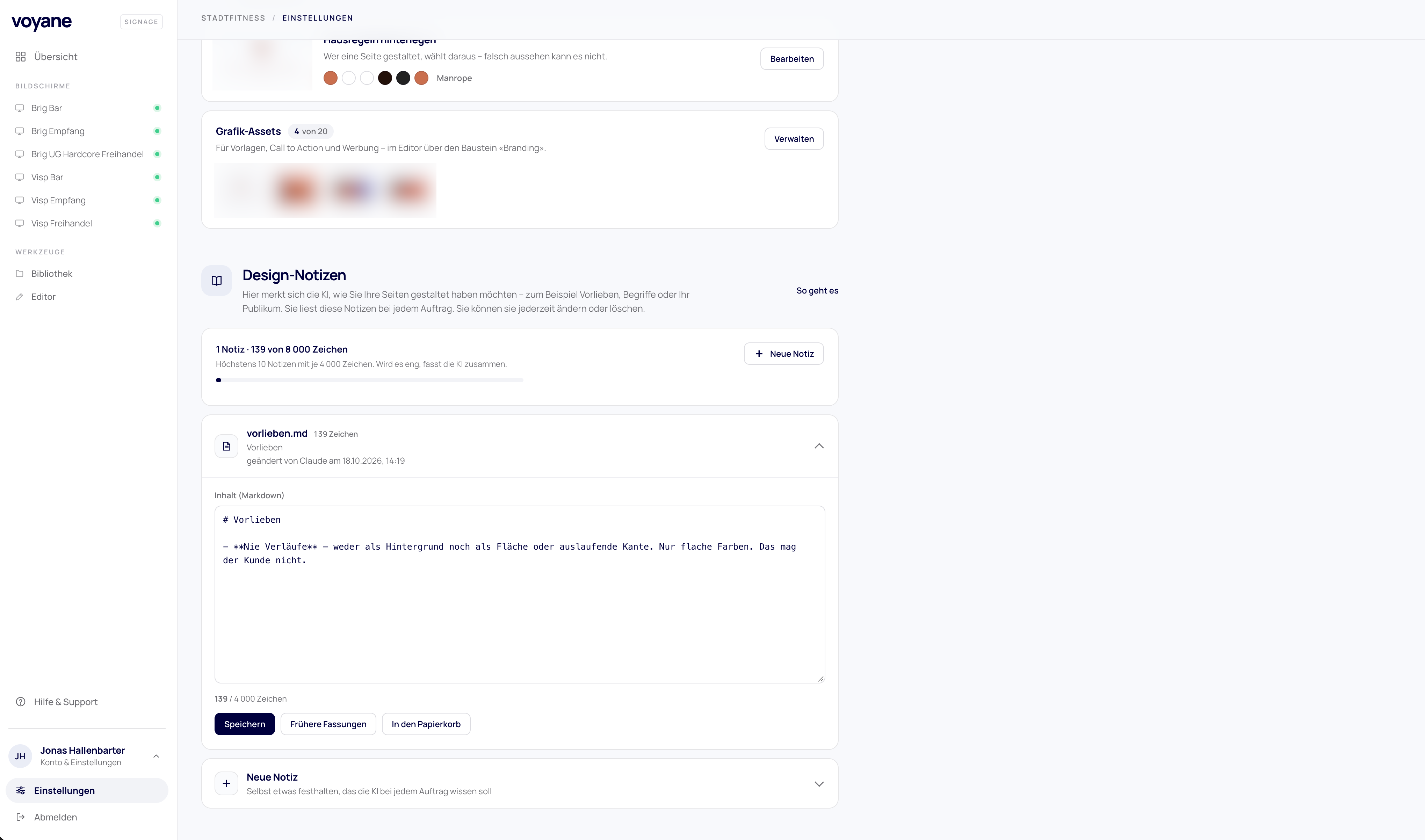Die Einstellungen mit dem Bereich Design-Notizen: eine Notiz «vorlieben.md» mit dem Hinweis auf flache Farben ohne Verläufe, darunter die Schaltflächen Speichern, Frühere Fassungen und In den Papierkorb