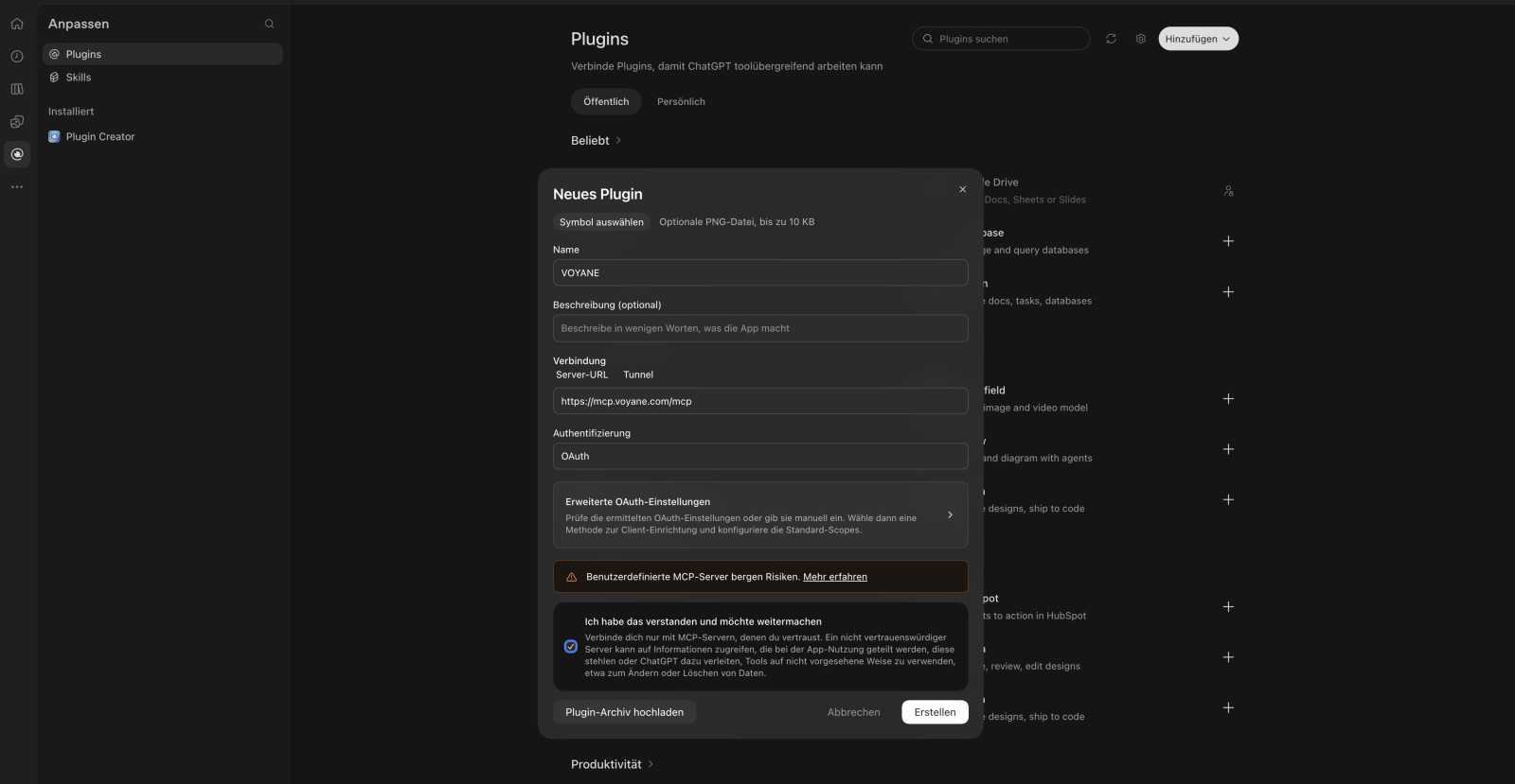 Das Fenster «Neues Plugin» mit Name VOYANE, Server-URL und Authentifizierung OAuth