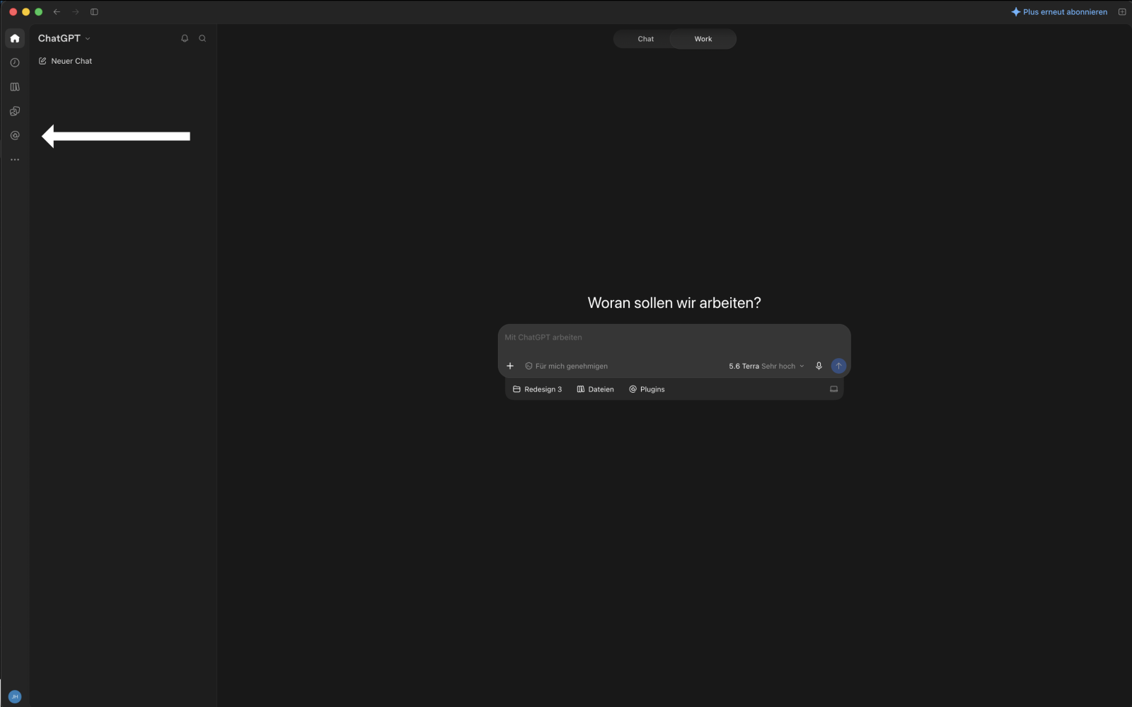 Die ChatGPT-Seitenleiste mit dem Menüpunkt Plugins, markiert mit einem Pfeil