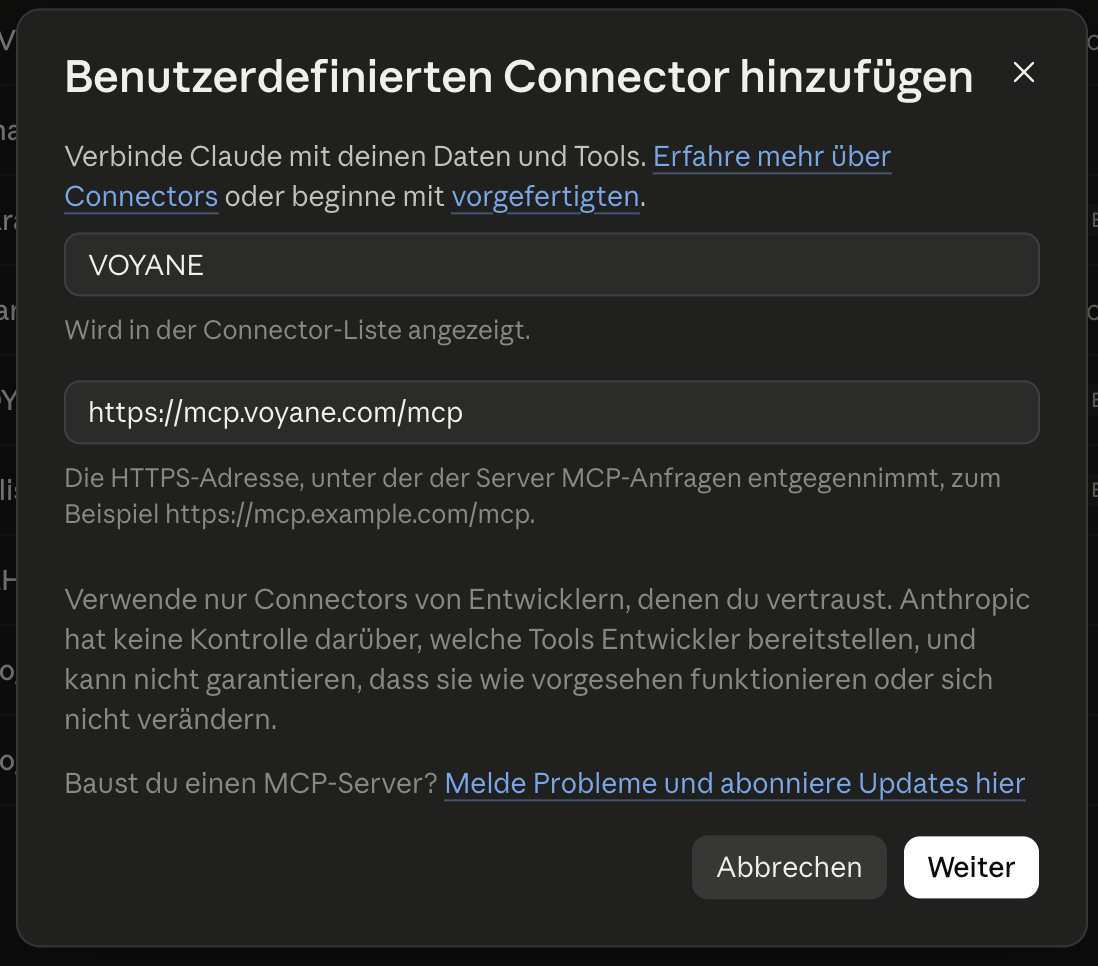 Das Fenster «Benutzerdefinierten Connector hinzufügen» mit Name VOYANE und der Server-URL