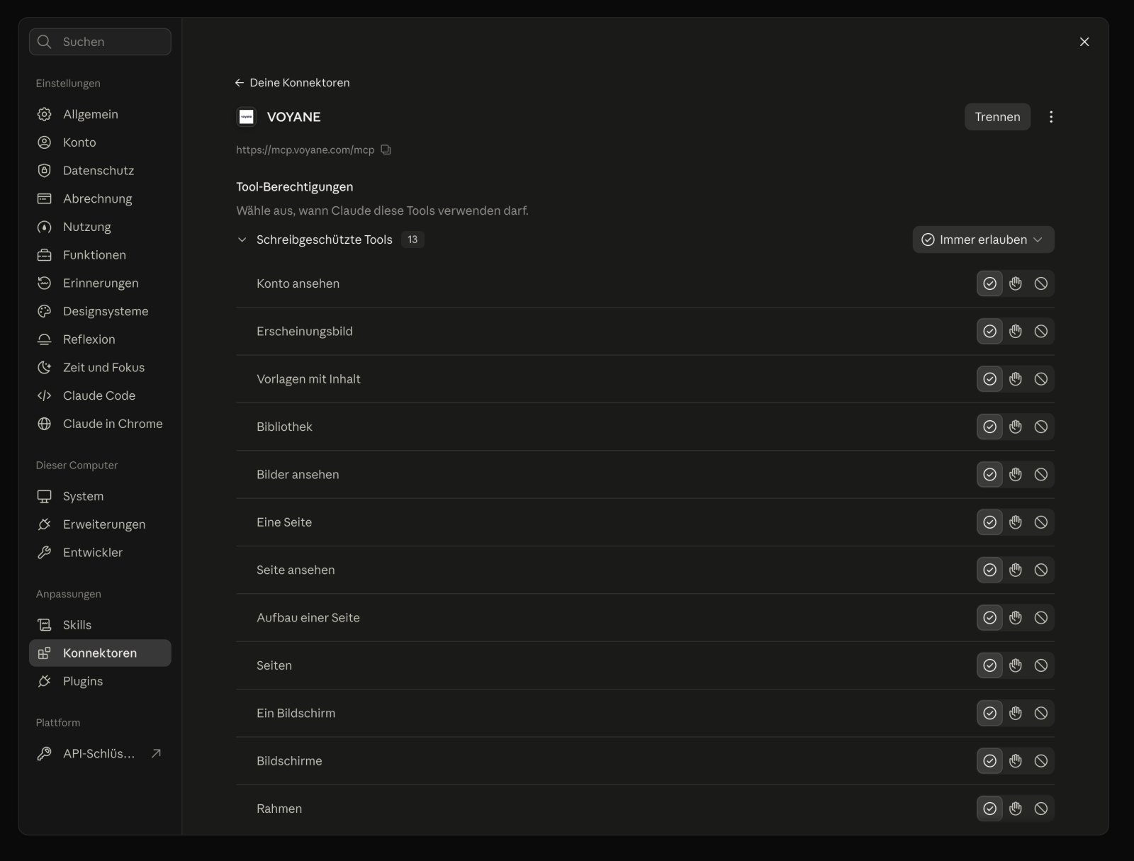 Die Tool-Berechtigungen des VOYANE-Connectors mit der Einstellung Immer erlauben